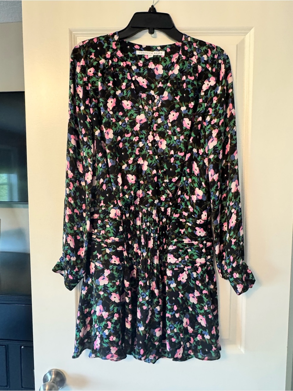 Veronica Beard Black Floral Long-Sleeve Mini Dress with Pink & Green Blooms